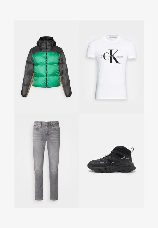 Casaco tipo puffer com frente verde, ombros pretos e painéis laterais bege. Tem um colarinho alto, fecho completo e textura almofadada.; T-shirt de algodão branco com um logotipo preto "CK" e o texto "Calvin Klein Jeans", com mangas curtas e um decote redondo clássico.; Jeans de denim cinza com corte reto, cinco bolsos e uma textura desbotada. Apresenta um fecho de botão e zíper e passantes para cinto na cintura.; Botas de caminhada pretas com um design em camadas, tecido texturizado e sola de borracha, com áreas reforçadas e atacadores na frente.