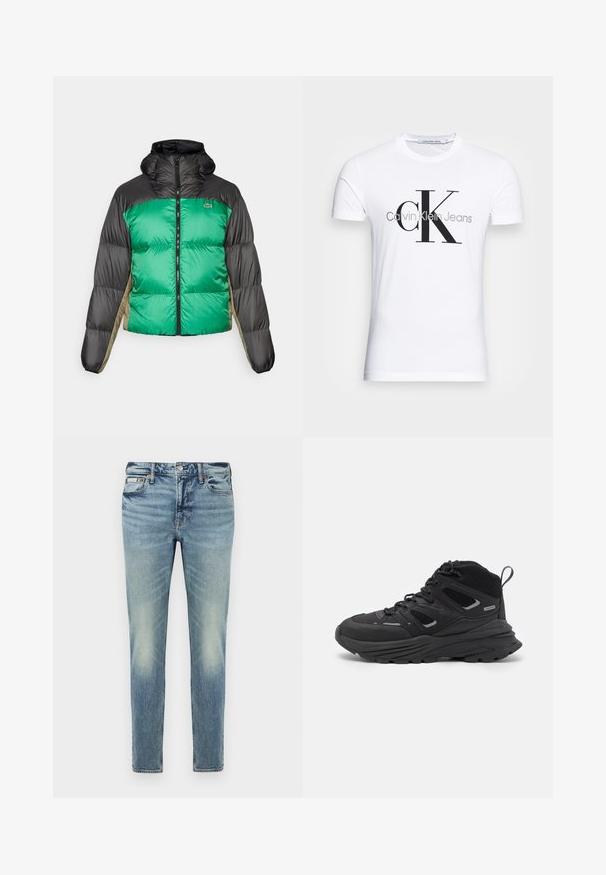 Dygsniuota striukė su žalia priekiu, juodais pečiais ir béžinėmis šoninėmis panelėmis. Ji turi aukštą apykaklę, pilną užtrauktuką ir paminkštintą struktūrą.; Balta medvilninė marškinėliai su juodu "CK" logotipu ir "Calvin Klein Jeans" tekstu, trumpomis rankovėmis ir klasikine apvalia iškirpte.; Šviesiai mėlyni džinsai iš blukintos medvilnės su tiesia forma, penkių kišenių dizainu, sagos užsegimu ir subtiliais raukšlių detalėmis ant kojų.; Juodi žygio batai su sluoksniuota struktūra, tekstūruota medžiaga ir guma padanga, su sutvirtintomis sritimis ir raištelių užsegimu.
