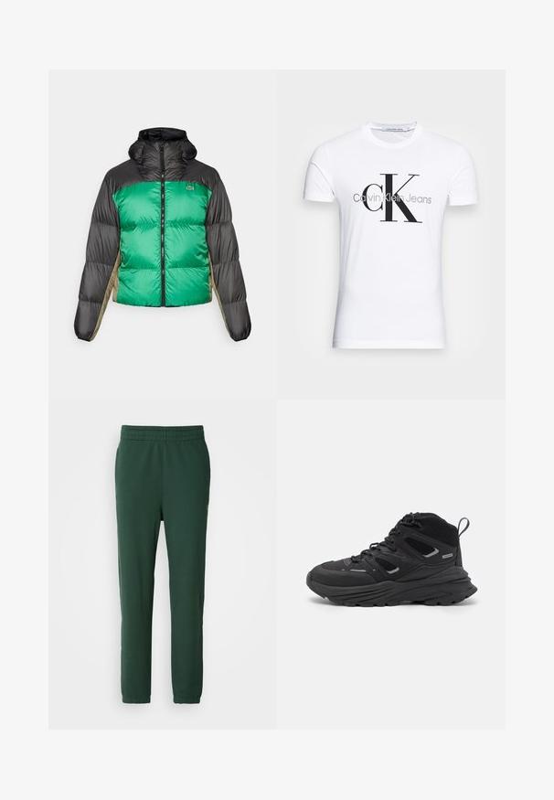 Pufferjack die een groene voorkant, zwarte schouders en beige zijpanelen heeft. Het heeft een hoge kraag, volledige rits en een gewatteerde textuur.; Witte katoenen t-shirt met een zwart "CK" logo en de tekst "Calvin Klein Jeans", korte mouwen en een klassieke ronde hals.; Groene joggerbroek van zachte katoen. Voorzien van een elastische tailleband en taps toelopende benen, met een klein logo aan de onderkant.; Zwarte wandelschoenen met een gelaagd ontwerp, textiele stof en rubberen zool, met verstevigde delen en een vetersluiting aan de voorkant.