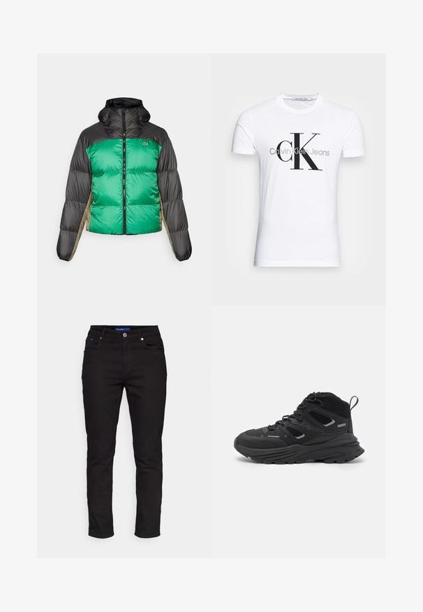 Pufi dzseki zöld elülső résszel, fekete vállpántokkal és bézs oldalsó panelekével. Magas gallérral, teljes cipzárral és párnázott anyaggal rendelkezik.; Fehér pamut póló fekete "CK" logóval és "Calvin Klein Jeans" felirattal, rövid ujjal és klasszikus, kerek nyakkivágással.; Fekete farmernadrág, tartós anyagból készült, egyenes szabású, öt zsebes, gombos záródással és kontrasztos varrási részletekkel.; Fekete túracipő rétegezett kialakítással, texturált anyaggal és gumitalppal, megerősített részekkel és fűzős elülső résszel.