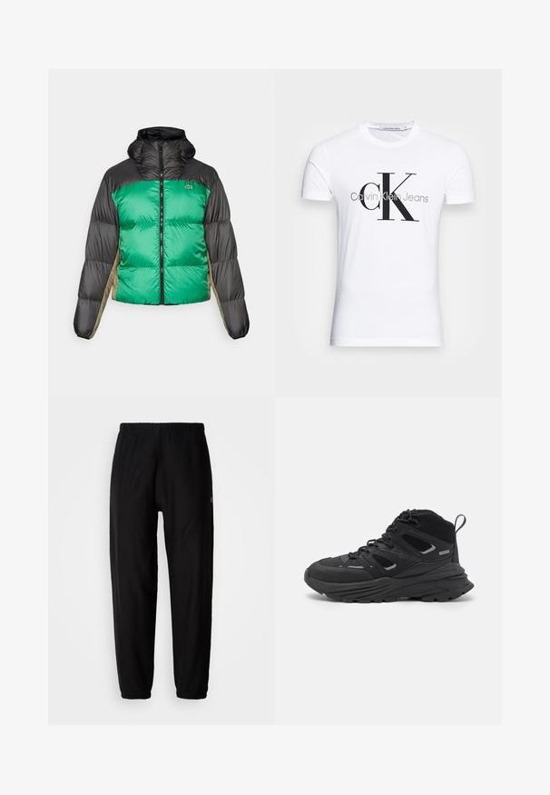 Pufjakas ar zaļu priekšpusi, melniem pleciem un bēšiem sānu paneļiem. Tam ir augsts apkakle, pilnīga zips un pamatota tekstūra.; Baltas kokvilnas T-krekls ar melnu "CK" logo un tekstu "Calvin Klein Jeans", īsām piedurknēm un klasisku apaļu kakla izgriezumu.; Melni sporta bikses ar elastīgu jostasvietu, sašaurinātiem kājiem un aprocēm. Gluda auduma tekstūra. Logo detaļa sānos.; Melnas pārgājienu kurpes ar slāņotu dizainu, teksturētu audumu un gumijas zoli, ar nostiprinātām vietām un auklām priekšā.