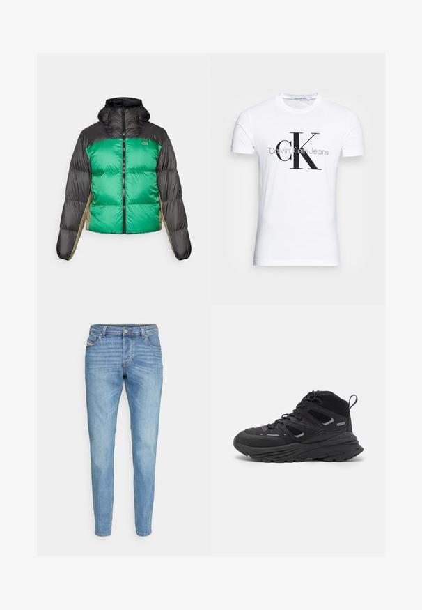 Φούτερ μπουφάν με πράσινο μπροστινό μέρος, μαύρους ώμους και μπεζ πλευρικές πάνελ. Έχει υψηλό γιακά, πλήρη φερμουάρ και υφή με επένδυση.; Λευκό βαμβακερό μπλουζάκι με μαύρο λογότυπο "CK" και κείμενο "Calvin Klein Jeans", κοντά μανίκια και κλασικό στρογγυλό ντεκολτέ.; Ανοιχτό μπλε τζιν παντελόνι με στενή γραμμή. Διαθέτει σχέδιο πέντε τσεπών, διακριτή ραφή και κλασική ζώνη μέσης με κούμπωμα από μέταλλο.; Μαύρα παπούτσια πεζοπορίας με σχεδίαση σε στρώσεις, υφασμάτινη υφή και καουτσούκ σόλα, με ενισχυμένα σημεία και κορδόνια.