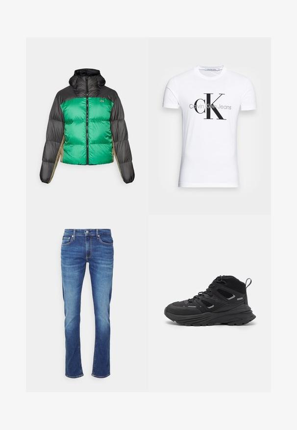 Casaco tipo puffer com frente verde, ombros pretos e painéis laterais bege. Tem um colarinho alto, fecho completo e textura almofadada.; T-shirt de algodão branco com um logotipo preto "CK" e o texto "Calvin Klein Jeans", com mangas curtas e um decote redondo clássico.; Jeans de ganga azul com um design de perna reta. As características incluem um layout tradicional de cinco bolsos e detalhes de costura visíveis.; Botas de caminhada pretas com um design em camadas, tecido texturizado e sola de borracha, com áreas reforçadas e atacadores na frente.
