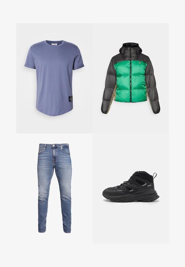 Casaco tipo puffer com frente verde, ombros pretos e painéis laterais bege. Tem um colarinho alto, fecho completo e textura almofadada.; T-shirt de manga curta azul claro, feita de algodão suave. Apresenta um decote arredondado e uma etiqueta preta com o logo no canto inferior esquerdo.; Jeans slim fit azuis com cinco bolsos, lavagem desbotada, fecho de botão e passadores de cinto, expostos contra um fundo branco.; Botas de caminhada pretas com um design em camadas, tecido texturizado e sola de borracha, com áreas reforçadas e atacadores na frente.