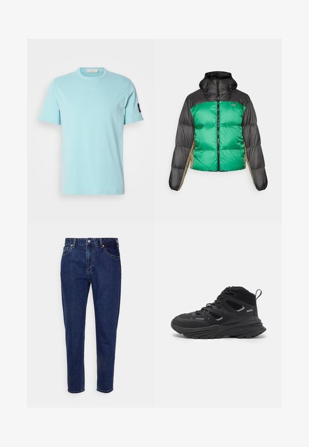 Pufjakas ar zaļu priekšpusi, melniem pleciem un bēšiem sānu paneļiem. Tam ir augsts apkakle, pilnīga zips un pamatota tekstūra.; Gaiši zila kokvilnas t-krekls ar īsām piedurknēm, apaļu kaklu un izšūtu detaļu ap kaklu. Piedurknē ir neliels melns logo.; Tums tumši zilas džinsu bikses ar taisnu kāju dizainu, piecām kabatām un pogu aizdari. Iespējas ar vieglu izbalēšanu un šuvju detaļām.; Melnas pārgājienu kurpes ar slāņotu dizainu, teksturētu audumu un gumijas zoli, ar nostiprinātām vietām un auklām priekšā.