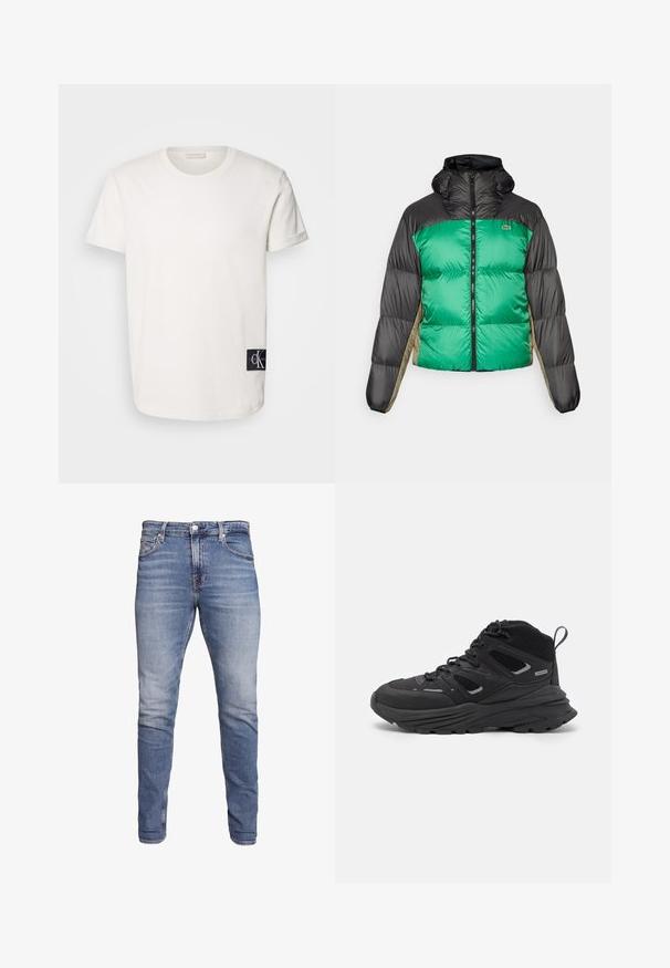 Casaco tipo puffer com frente verde, ombros pretos e painéis laterais bege. Tem um colarinho alto, fecho completo e textura almofadada.; T-shirt de algodão branco com gola redonda e mangas curtas, apresentando um patch de logo preto no lado inferior esquerdo. Textura suave e corte reto.; Jeans slim fit azuis com cinco bolsos, lavagem desbotada, fecho de botão e passadores de cinto, expostos contra um fundo branco.; Botas de caminhada pretas com um design em camadas, tecido texturizado e sola de borracha, com áreas reforçadas e atacadores na frente.