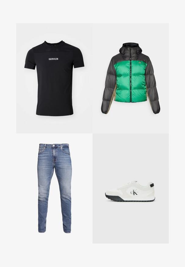 Kuisim jacket, jossa on vihreä etuosa, mustat olat ja beige sivupaneelit. Se on varustettu korkealla kauluksella, täyspitkällä vetoketjulla ja pehmeällä, topatulla pinnalla.; Musta lyhythihainen urheilupaita, jossa verkkomainen yläosa ja "Calvin Klein" -logo valkoisena rinnassa.; Siniset farkut, joissa on slim fit -leikkaus, keskihaalari, viiden taskun muotoilu, haalistunut pesu ja vaaleat kulumajäljet edessä ja takana.; Calvin Klein valkoiset tennarit mustalla pohjalla, mokkanahkaa ja verkkomateriaalia, CK-logo sivulla sekä Calvin Klein -brändäys kantapäällä ja pohjassa.
