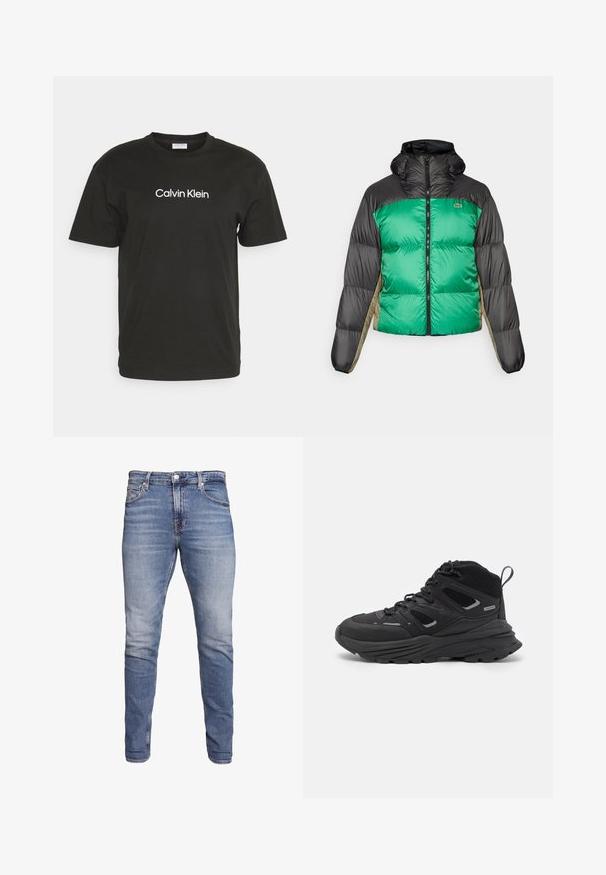 Dygsniuota striukė su žalia priekiu, juodais pečiais ir béžinėmis šoninėmis panelėmis. Ji turi aukštą apykaklę, pilną užtrauktuką ir paminkštintą struktūrą.; Juodas medvilnės marškinėliai su apvaliu iškirpimu ir trumpomis rankovėmis, su "Calvin Klein" logotipu baltu tekstu spaustu priekyje.; Mėlyni liesi džinsai su penkiomis kišenėmis, blyškios spalvos, mygtukų uždarymas ir diržo kilpos, pateikti prieš baltą fono.; Juodi žygio batai su sluoksniuota struktūra, tekstūruota medžiaga ir guma padanga, su sutvirtintomis sritimis ir raištelių užsegimu.