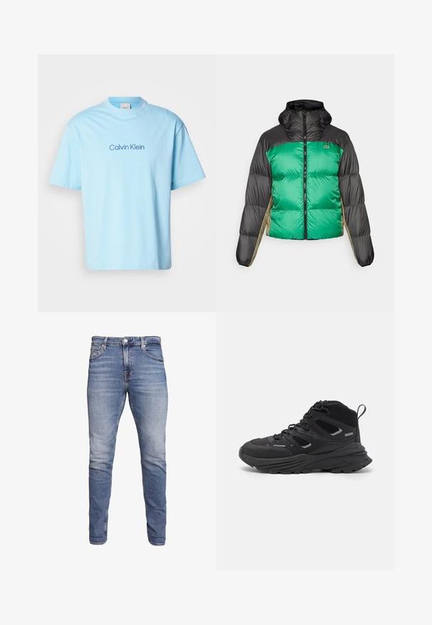 Puffjakke med grønne for- og sorte skuldre samt beige sidepaneler. Den har en høj krave, fuld lynlås og polstret tekstur.; Lys blå bomulds T-shirt med rund hals og korte ærmer, der har et centralt trykt logo "Calvin Klein" i en mørkere blå.; Blå slim-fit jeans med fem lommer, bleget vask, knaplukning og bæltestropper, præsenteret mod en hvid baggrund.; Sorte vandresko med et lagdelt design, tekstureret stof og gummisål, med forstærkede områder og snørebånd foran.