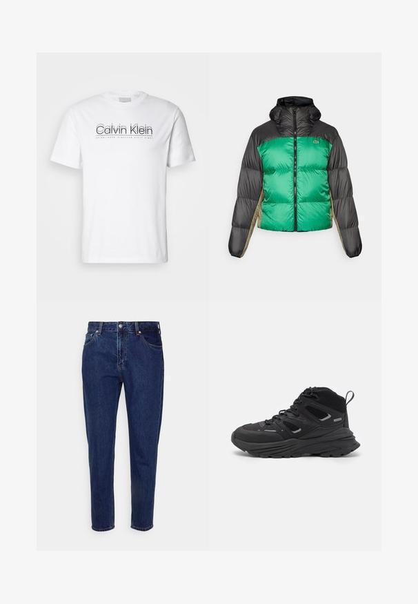 Pufjakas ar zaļu priekšpusi, melniem pleciem un bēšiem sānu paneļiem. Tam ir augsts apkakle, pilnīga zips un pamatota tekstūra.; Baltas kokvilnas T-krekls ar īsām piedurknēm, ar melnu "Calvin Klein" logotipu un frāzi "IZVEIDOTS NEDĒĻA SEŠTĀ TŪKSTOŠA ASTOŅDESMIT" zemāk.; Tums tumši zilas džinsu bikses ar taisnu kāju dizainu, piecām kabatām un pogu aizdari. Iespējas ar vieglu izbalēšanu un šuvju detaļām.; Melnas pārgājienu kurpes ar slāņotu dizainu, teksturētu audumu un gumijas zoli, ar nostiprinātām vietām un auklām priekšā.