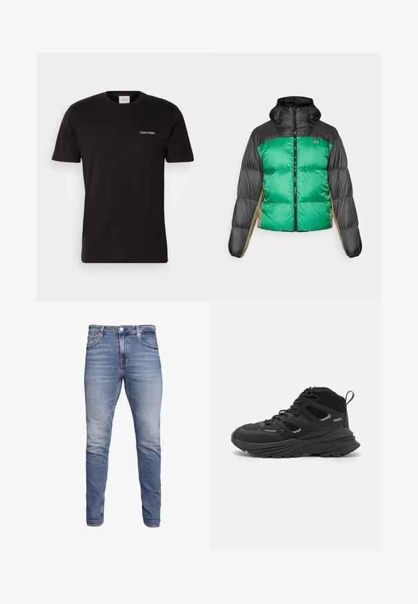 Puffer bunda s zeleným předním dílem, černými rameny a béžovými bočními panely. Má vysoký límec, plný zip a polstrovanou strukturu.; Černé bavlněné tričko s krátkými rukávy, kulatým výstřihem a malým bílým logem "Calvin Klein" na hrudi. Měkká textura. Pohodlný střih.; Modré slim-fit džíny s pěti kapsami, vybledlým umytím, zapínáním na knoflík a poutky na opasek, vystavené na bílém pozadí.; Černé turistické boty s vrstveným designem, texturovanou látkou a gumovou podešví, se zesílenými částmi a šněrovacím uzávěrem.