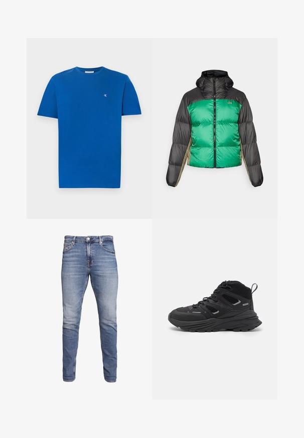 Kuisim jacket, jossa on vihreä etuosa, mustat olat ja beige sivupaneelit. Se on varustettu korkealla kauluksella, täyspitkällä vetoketjulla ja pehmeällä, topatulla pinnalla.; Sininen puuvillainen T-paita pyöreällä pääntiellä ja lyhyillä hihoilla. Vasemmassa rinnassa pieni valkoinen logo. Sileä pinta, rento muotoilu.; Siniset slim-fit farkut, joissa on viisi taskua, haalistunut pesu, nappi suljenta ja vyölenkit, esillä valkoista taustaa vasten.; Mustia vaeltajakenkiä, joissa on kerroksellinen muotoilu, teksturoitu kangas ja kumipohja. Kenkien vahvistettuja alueita ja nauhakiinnitys edessä.