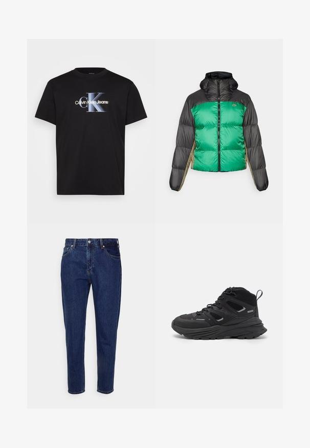 Φούτερ μπουφάν με πράσινο μπροστινό μέρος, μαύρους ώμους και μπεζ πλευρικές πάνελ. Έχει υψηλό γιακά, πλήρη φερμουάρ και υφή με επένδυση.; Calvin Klein Jeans PLUS MONOLOGO SHIFT TEE - Μπλουζάκι με στάμπα - black; Σκουρόχρωμες μπλε τζιν παντελόνες με ίσια γραμμή, πέντε τσέπες και κλείσιμο με κουμπί. Διαθέτουν διακριτική φθορά και λεπτομέρειες ραφής.; Μαύρα παπούτσια πεζοπορίας με σχεδίαση σε στρώσεις, υφασμάτινη υφή και καουτσούκ σόλα, με ενισχυμένα σημεία και κορδόνια.