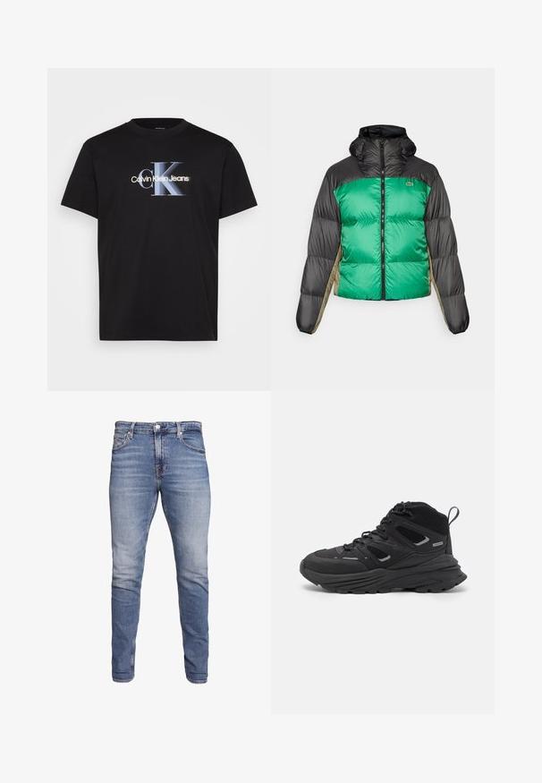 Daunenjacke mit einer grünen Vorderseite, schwarzen Schultern und beigefarbenen Seitenpanelen. Sie hat einen hohen Kragen, einen Reißverschluss über die volle Länge und gepolsterten Textur.; Calvin Klein Jeans PLUS MONOLOGO SHIFT TEE - T-Shirt print - black; Blaue Slim-Fit-Jeans mit fünf Taschen, ausgeblichenem Stoff, Knopfverschluss und Gürtelschlaufen, vor einem weißen Hintergrund präsentiert.; Schwarze Wanderschuhe mit einem geschichteten Design, strukturiertem Stoff und Gummisohle, verstärkten Bereichen und Schnürung vorne.