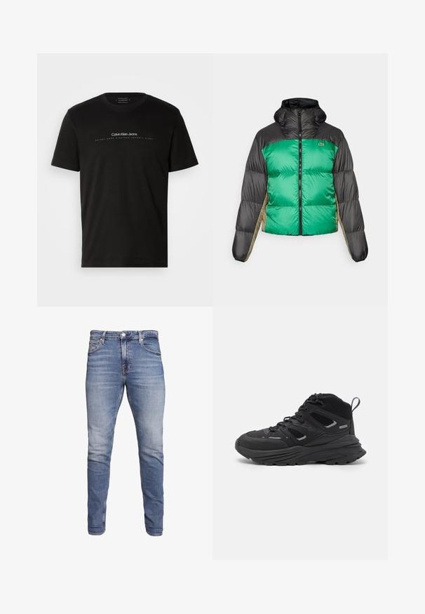 Φούτερ μπουφάν με πράσινο μπροστινό μέρος, μαύρους ώμους και μπεζ πλευρικές πάνελ. Έχει υψηλό γιακά, πλήρη φερμουάρ και υφή με επένδυση.; Μαύρο βαμβακερό μπλούζα με κοντά μανίκια και λαιμόκοψη. Διαθέτει λευκό κείμενο "Calvin Klein Jeans" και "ΙΔΡΥΘΗΚΕ ΧΙΛΙΑ ΕΦΗΒΩΝ ΕΚΑΤΟΝΤΑ" στο μπροστά μέρος.; Μπλε στενά τζιν παντελόνια με πέντε τσέπες, ξεθωριασμένο φινίρισμα, κλείσιμο με κουμπί και θηλιές ζώνης, τοποθετημένα σε λευκό φόντο.; Μαύρα παπούτσια πεζοπορίας με σχεδίαση σε στρώσεις, υφασμάτινη υφή και καουτσούκ σόλα, με ενισχυμένα σημεία και κορδόνια.