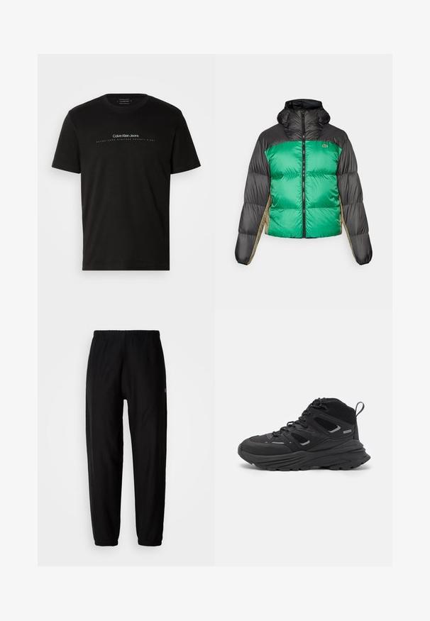 Puffer bunda s zeleným předním dílem, černými rameny a béžovými bočními panely. Má vysoký límec, plný zip a polstrovanou strukturu.; Černé bavlněné tričko s krátkým rukávem a kulatým výstřihem. Na přední straně se nachází bílý text "Calvin Klein Jeans" a "ZALOŽENO JEDENAPADESÁT".; Černé tepláky s elastickým páskem, zúženými nohavicemi a manžetami. Hladká textilie. Detail loga na boku.; Černé turistické boty s vrstveným designem, texturovanou látkou a gumovou podešví, se zesílenými částmi a šněrovacím uzávěrem.