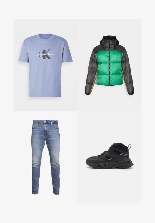 Puffjakker, millel on roheline eesmine osa, mustad õlad ja beežid külgpaneelid. Sellel on kõrge kaelus, täispikk tõmblukk ja polsterdatud tekstuur.; Heledane sinine puuvilla T-särk, millel on must-valge keskmine graafika, kus on kiri "Calvin Klein Jeans" ja julged "CK" initsiaalid. Lühikesed varrukad.; Sinised slim-fit teksad viie taskuga, pleekinud pesu, nööbiga sulgemine ja vöörihmadega, esitatud valge tausta ees.; Mustad matkajalatsid, millel on kihiline disain, tekstureeritud kangas ja kummist tallad, tugevduskohtadega ning sidumisfront.