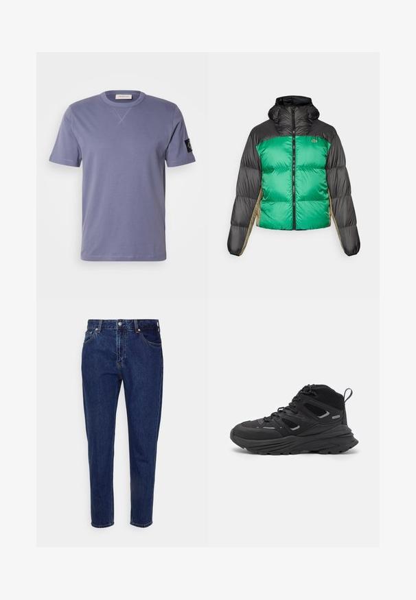 Pufjakas ar zaļu priekšpusi, melniem pleciem un bēšiem sānu paneļiem. Tam ir augsts apkakle, pilnīga zips un pamatota tekstūra.; Īsām piedurknēm, ar apaļu kakla izgriezumu, tīkkoka T-krekls lavandas krāsā, ar mazu melnu logotipa uzlīmi uz kreisās piedurknes un kontrastējošu šuvju.; Tums tumši zilas džinsu bikses ar taisnu kāju dizainu, piecām kabatām un pogu aizdari. Iespējas ar vieglu izbalēšanu un šuvju detaļām.; Melnas pārgājienu kurpes ar slāņotu dizainu, teksturētu audumu un gumijas zoli, ar nostiprinātām vietām un auklām priekšā.