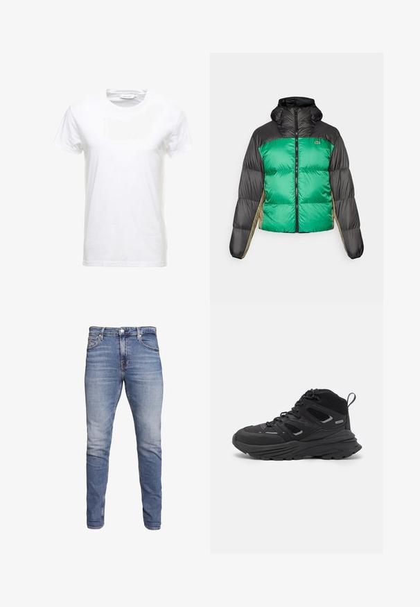 Pufferjack die een groene voorkant, zwarte schouders en beige zijpanelen heeft. Het heeft een hoge kraag, volledige rits en een gewatteerde textuur.; Witte katoenen T-shirt met korte mouwen, ronde halsontwerp en een gladde textuur. Label zichtbaar bij de halslijn. Eenvoudige en klassieke stijl.; Blauwe slim-fit jeans met vijf zakken, vervaagde was, knoopsluiting en riemlussen, weergegeven tegen een witte achtergrond.; Zwarte wandelschoenen met een gelaagd ontwerp, textiele stof en rubberen zool, met verstevigde delen en een vetersluiting aan de voorkant.