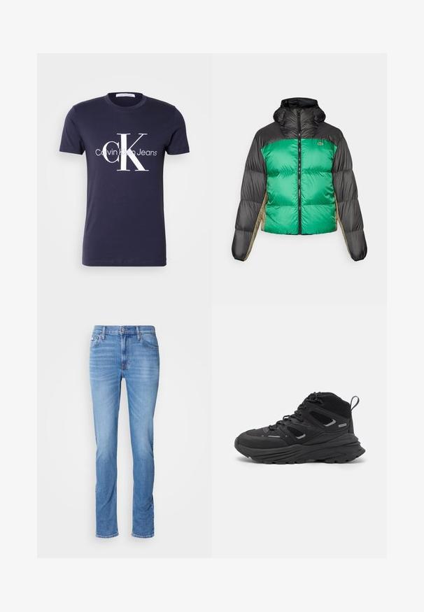 Pufjakas ar zaļu priekšpusi, melniem pleciem un bēšiem sānu paneļiem. Tam ir augsts apkakle, pilnīga zips un pamatota tekstūra.; Tums zila kokvilnas T-kreklu ar īsām piedurknēm, kuram ir liels balts "CK" logo un "Calvin Klein Jeans" teksts. Gluda tekstūra, klasiskā piegriezte.; Gaiši zili pieguļoši džinsi ar priekšējo pogu un rāvējslēdzēju, pieciem kabatām un smalku izbalēšanu uz augšstilbiem un ceļgaliem.; Melnas pārgājienu kurpes ar slāņotu dizainu, teksturētu audumu un gumijas zoli, ar nostiprinātām vietām un auklām priekšā.