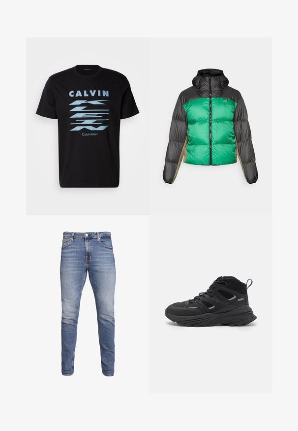 Dygsniuota striukė su žalia priekiu, juodais pečiais ir béžinėmis šoninėmis panelėmis. Ji turi aukštą apykaklę, pilną užtrauktuką ir paminkštintą struktūrą.; Juodas medvilninis marškinėliai su šviesiai mėlynu geometriniu tekstu ir grafika. Klasikinis apvalus kaklo išpjovimas ir trumpomis rankovėmis, su laisva linija.; Mėlyni liesi džinsai su penkiomis kišenėmis, blyškios spalvos, mygtukų uždarymas ir diržo kilpos, pateikti prieš baltą fono.; Juodi žygio batai su sluoksniuota struktūra, tekstūruota medžiaga ir guma padanga, su sutvirtintomis sritimis ir raištelių užsegimu.