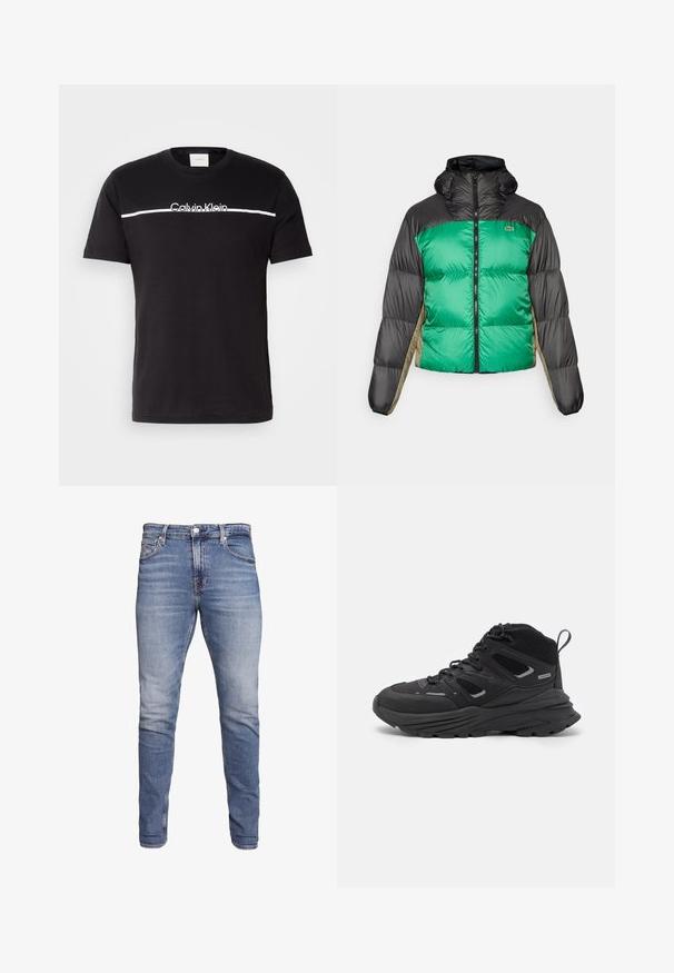 Φούτερ μπουφάν με πράσινο μπροστινό μέρος, μαύρους ώμους και μπεζ πλευρικές πάνελ. Έχει υψηλό γιακά, πλήρη φερμουάρ και υφή με επένδυση.; Μαύρη βαμβακερή μπλούζα με κοντά μανίκια, με μια λευκή οριζόντια γραμμή και το λογότυπο "Calvin Klein" στο στήθος. Στρογγυλή σχεδίαση λαιμού.; Μπλε στενά τζιν παντελόνια με πέντε τσέπες, ξεθωριασμένο φινίρισμα, κλείσιμο με κουμπί και θηλιές ζώνης, τοποθετημένα σε λευκό φόντο.; Μαύρα παπούτσια πεζοπορίας με σχεδίαση σε στρώσεις, υφασμάτινη υφή και καουτσούκ σόλα, με ενισχυμένα σημεία και κορδόνια.
