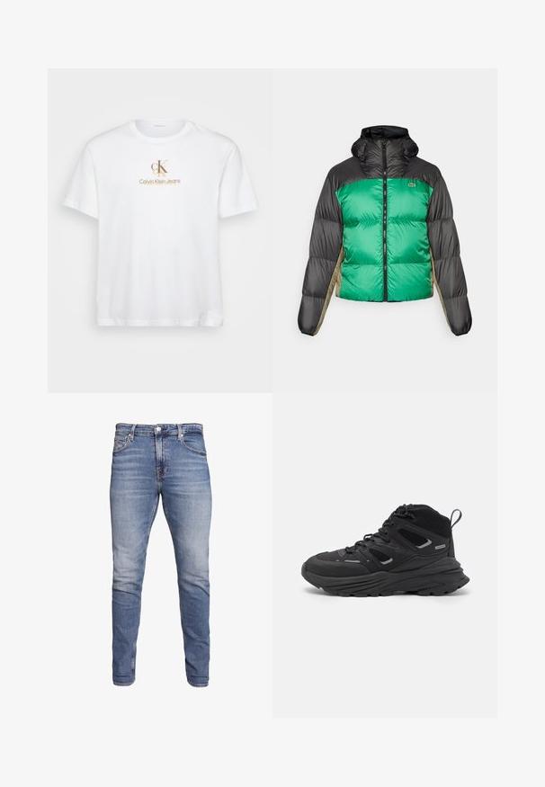Jakna s punjenjem koja ima zeleni prednji dio, crne ramena i bež bočne panele. Ima visoki ovratnik, potpuni zatvarač i pojačanu teksturu.; Bijela pamučna majica s okruglim izrezom i kratkim rukavima, s zlatnim "CK" logotipom i natpisom "Calvin Klein Jeans" otisnutim sprijeda.; Plave slim-fit traperice s pet džepova, izblijedjeli završetak, zatvaranje na gumba i petlje za remen, prikazane na bijeloj pozadini.; Crne planinarske cipele s višeslojnim dizajnom, teksturiranom tkaninom i gumenenim potplatom, s ojačanim dijelovima i vezicama sprijeda.