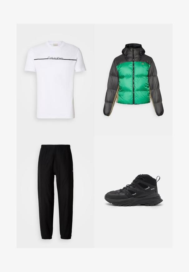 Dygsniuota striukė su žalia priekiu, juodais pečiais ir béžinėmis šoninėmis panelėmis. Ji turi aukštą apykaklę, pilną užtrauktuką ir paminkštintą struktūrą.; Balta medvilnės marškinėliai su trumpomis rankovėmis, apvaliu iškirpimu ir juoda horizontalia juostele su "Calvin Klein" logotipu ant priekio.; Juodos sportinės kelnės su elastingu juosmeniu, siaurėjančiomis kojomis ir rankogaliais. Lygus audinio paviršius. Logo detalė šone.; Juodi žygio batai su sluoksniuota struktūra, tekstūruota medžiaga ir guma padanga, su sutvirtintomis sritimis ir raištelių užsegimu.