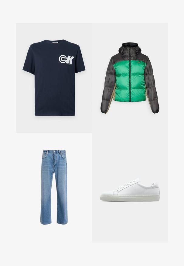 Φούτερ μπουφάν με πράσινο μπροστινό μέρος, μαύρους ώμους και μπεζ πλευρικές πάνελ. Έχει υψηλό γιακά, πλήρη φερμουάρ και υφή με επένδυση.; Ναυτικό μπλε βαμβακερό t-shirt με στρογγυλή λαιμόκοψη, κοντά μανίκια και λευκό λογότυπο "CK" εκτυπωμένο στην αριστερή περιοχή του στήθους.; Ανοιχτό μπλε τζιν παντελόνι με ευθεία γραμμή, πέντε τσέπες, κλείσιμο με κουμπί, ελάχιστη φθορά και αντίθετες ραφές.; Λευκό αθλητικό παπούτσι με άνω μέρος από λείο δέρμα και χαμηλό προφίλ. Διαθέτει στρογγυλεμένη μύτη, έξι τρυπούλες και υφασμένη καουτσούκ σόλα.