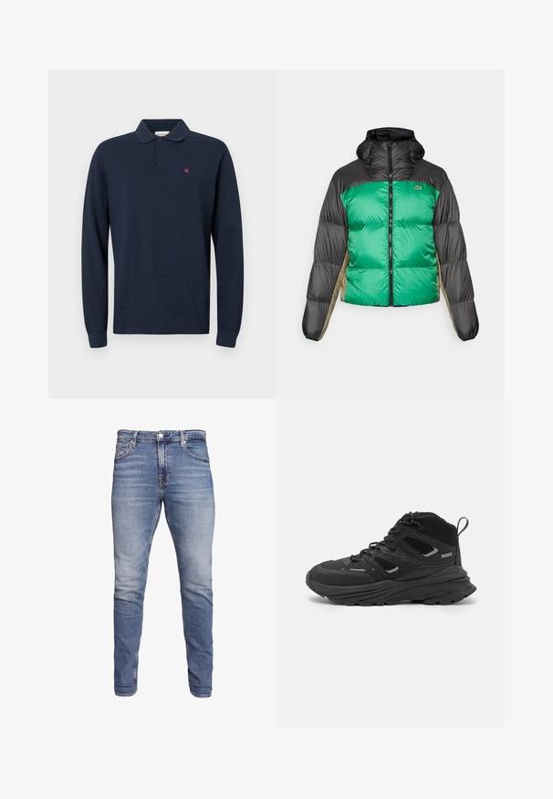 Pufjakas ar zaļu priekšpusi, melniem pleciem un bēšiem sānu paneļiem. Tam ir augsts apkakle, pilnīga zips un pamatota tekstūra.; Jūras zila garām piedurknēm polo krekls ar apkakli, diviem pogu aizdariem un mazu sarkanu CK logo kreisajā krūtī. Koka audums.; Zili zili džinsi ar piecām kabatām, izbalējušā krāsā, ar pogu aizdari un jostu cilpiņām, izstādīti pret baltu fona.; Melnas pārgājienu kurpes ar slāņotu dizainu, teksturētu audumu un gumijas zoli, ar nostiprinātām vietām un auklām priekšā.