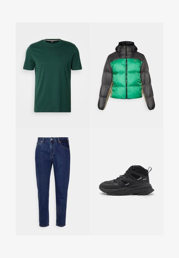 Pufjakas ar zaļu priekšpusi, melniem pleciem un bēšiem sānu paneļiem. Tam ir augsts apkakle, pilnīga zips un pamatota tekstūra.; BOSS THOMPSON - Pamata T-krekls - open green; Tums tumši zilas džinsu bikses ar taisnu kāju dizainu, piecām kabatām un pogu aizdari. Iespējas ar vieglu izbalēšanu un šuvju detaļām.; Melnas pārgājienu kurpes ar slāņotu dizainu, teksturētu audumu un gumijas zoli, ar nostiprinātām vietām un auklām priekšā.