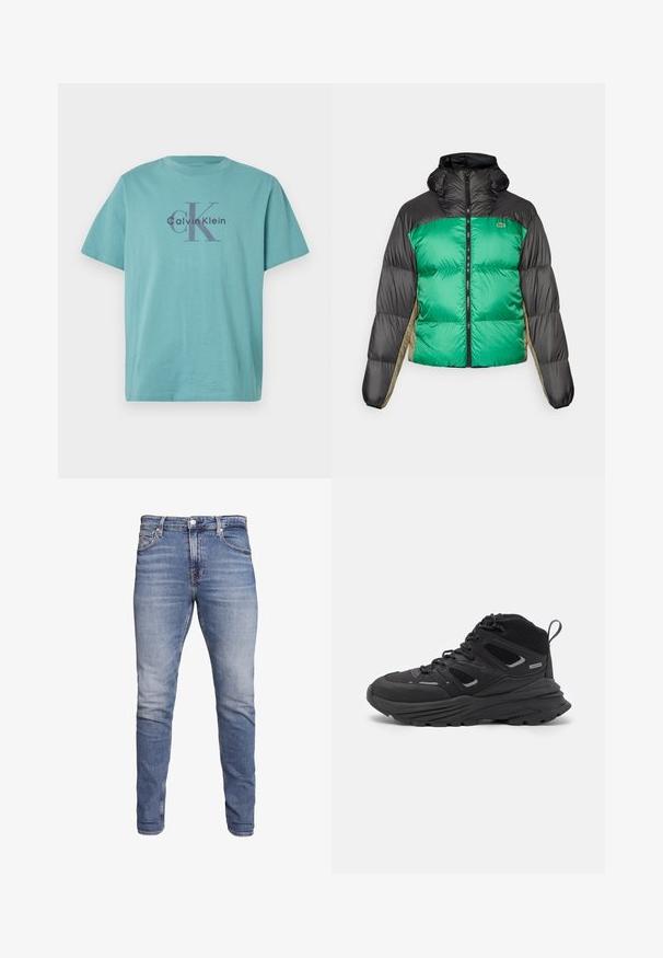 Chaqueta tipo plumón con un frente verde, hombros negros y paneles laterales beige. Tiene un collar alto, cierre completo y textura acolchada.; Camiseta de algodón turquesa con el logo "Calvin Klein" y el emblema "cK" en gris oscuro en el centro. Cuello redondo estándar y mangas cortas.; Vaqueros ajustados azules con cinco bolsillos, lavado desgastado, cierre de botón y presillas para cinturón, exhibidos sobre un fondo blanco.; Botas de senderismo negras con un diseño estratificado, tejido texturizado y suela de goma, con áreas reforzadas y cordones en la parte delantera.