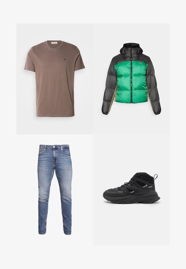 Puffer bunda s zeleným předním dílem, černými rameny a béžovými bočními panely. Má vysoký límec, plný zip a polstrovanou strukturu.; Hnědý bavlněný tričko s kulatým výstřihem, krátkými rukávy a malým černým logem na levé hrudi. Hladká textilie a jednobarevný design.; Modré slim-fit džíny s pěti kapsami, vybledlým umytím, zapínáním na knoflík a poutky na opasek, vystavené na bílém pozadí.; Černé turistické boty s vrstveným designem, texturovanou látkou a gumovou podešví, se zesílenými částmi a šněrovacím uzávěrem.