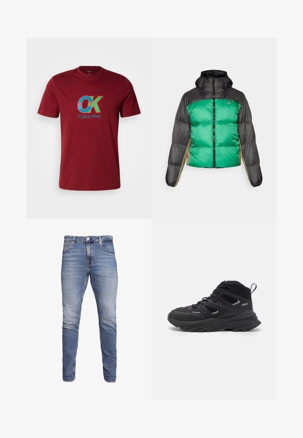 Puffjacka med grön framsida, svarta axlar och beige sidopaneler. Den har en hög krage, full dragkedja och vadderad textur.; Vinröd bomull t-shirt med en blå och grön "CK" grafisk logga med runda accenter, korta ärmar och design med rund hals.; Blå slim-fit jeans med fem fickor, blekt tvätt, knäppning och bälteshål, uppvisade mot en vit bakgrund.; Svarta vandringsskor med ett flerskiktat mönster, texturerat tyg och gummisula, med förstärkta områden och snörning fram.