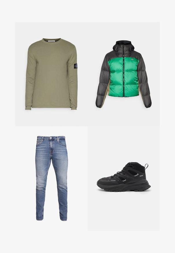 Pufi dzseki zöld elülső résszel, fekete vállpántokkal és bézs oldalsó panelekével. Magas gallérral, teljes cipzárral és párnázott anyaggal rendelkezik.; Olíva zöld hosszú ujjú, kerek nyakú póló texturált anyagból, bal ujján fekete folttal, rajta fehér logóval.; Kék, slim-fit farmernadrág ötpocketos kivitelben, kopott mosással, gombos záródással és övhurkokkal, fehér háttér előtt bemutatva.; Fekete túracipő rétegezett kialakítással, texturált anyaggal és gumitalppal, megerősített részekkel és fűzős elülső résszel.