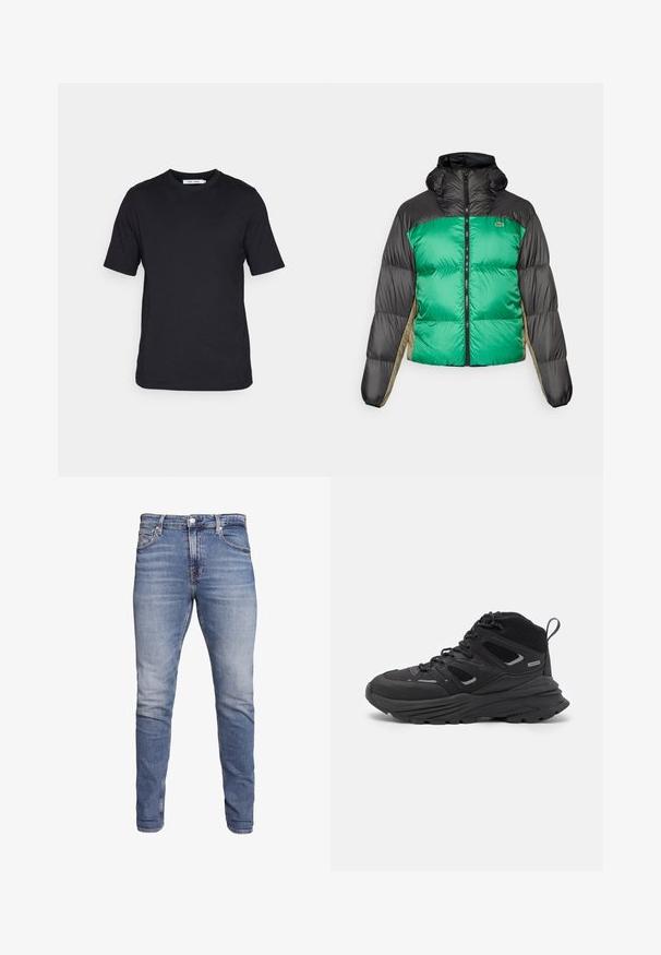 Puffer jacket featuring a green front, black shoulders, and beige side panels. It has a high collar, full zip, and padded texture.; Black short-sleeve t-shirt made of soft fabric, featuring a round neckline and straight cut hem, no patterns or visible branding.; Blue slim-fit jeans with five pockets, faded wash, button closure, and belt loops, displayed against a white background.; Black hiking shoes featuring a layered design, textured fabric, and rubber sole, with reinforced areas and a lace-up front.