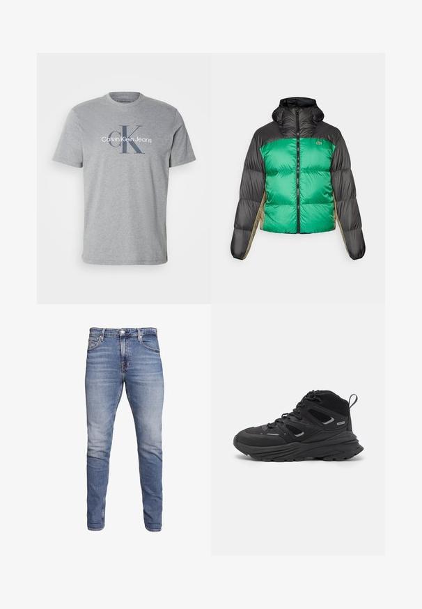 Puffer jacket featuring a green front, black shoulders, and beige side panels. It has a high collar, full zip, and padded texture.; Calvin Klein Jeans HERO MONOGRAM TEE - Print T-shirt - medium grey heather; Blue slim-fit jeans with five pockets, faded wash, button closure, and belt loops, displayed against a white background.; Black hiking shoes featuring a layered design, textured fabric, and rubber sole, with reinforced areas and a lace-up front.
