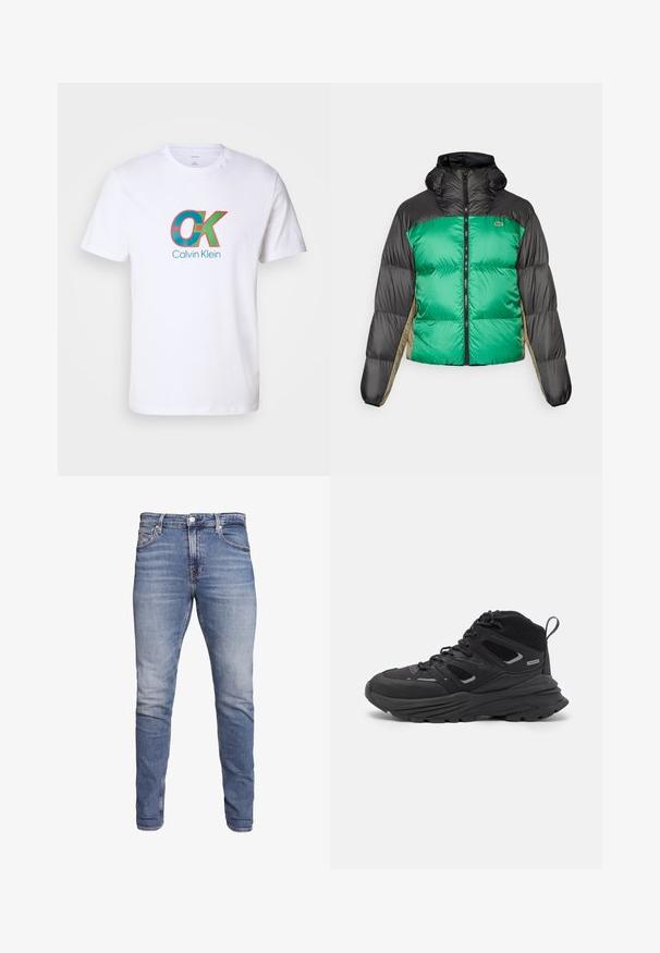 Chaqueta tipo plumón con un frente verde, hombros negros y paneles laterales beige. Tiene un collar alto, cierre completo y textura acolchada.; Camiseta blanca de algodón con un gráfico audaz en rojo y turquesa que presenta el texto "OK" y "Calvin Klein" en el centro. Mangas cortas.; Vaqueros ajustados azules con cinco bolsillos, lavado desgastado, cierre de botón y presillas para cinturón, exhibidos sobre un fondo blanco.; Botas de senderismo negras con un diseño estratificado, tejido texturizado y suela de goma, con áreas reforzadas y cordones en la parte delantera.
