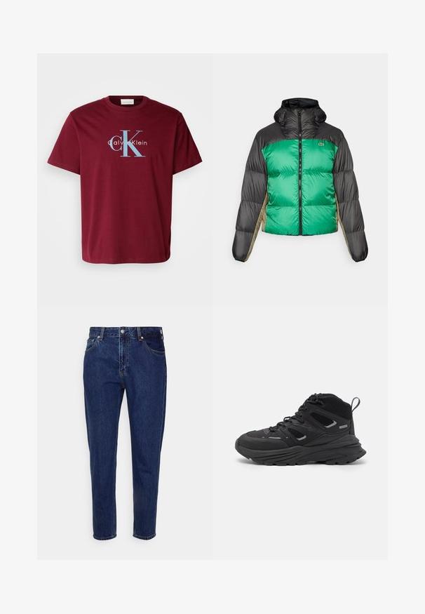 Puffer bunda s zeleným předním dílem, černými rameny a béžovými bočními panely. Má vysoký límec, plný zip a polstrovanou strukturu.; Burgundské bavlněné tričko s velkým bílým a modrým logem "CK" a textem "Calvin Klein", standardní střih, krátké rukávy a kulatý výstřih.; Tmavě modré džíny z denimu s rovným střihem, pěti kapsami a zapínáním na knoflík. Obsahují jemné vyblednutí a detaily šití.; Černé turistické boty s vrstveným designem, texturovanou látkou a gumovou podešví, se zesílenými částmi a šněrovacím uzávěrem.