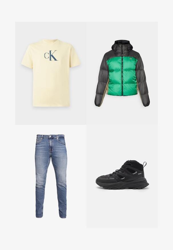 Jakna s punjenjem koja ima zeleni prednji dio, crne ramena i bež bočne panele. Ima visoki ovratnik, potpuni zatvarač i pojačanu teksturu.; Svijetlo žuta pamučna majica s plavim "ck" logotipom u središtu prsnog dijela i okruglim izrezom s kratkim rukavima.; Plave slim-fit traperice s pet džepova, izblijedjeli završetak, zatvaranje na gumba i petlje za remen, prikazane na bijeloj pozadini.; Crne planinarske cipele s višeslojnim dizajnom, teksturiranom tkaninom i gumenenim potplatom, s ojačanim dijelovima i vezicama sprijeda.