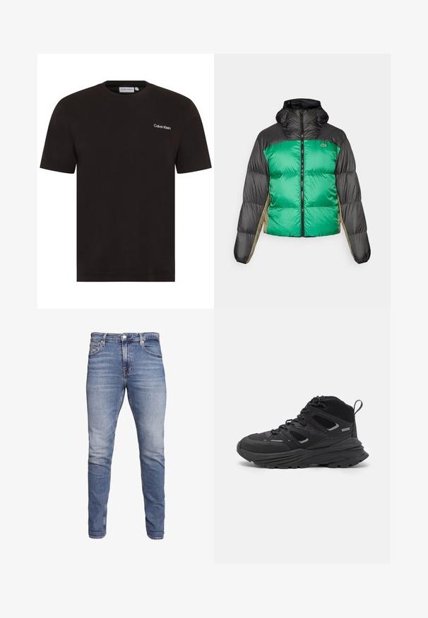 Puffer bunda s zeleným předním dílem, černými rameny a béžovými bočními panely. Má vysoký límec, plný zip a polstrovanou strukturu.; Černé tričko s krátkým rukávem vyrobené z bavlny. Má kulatý výstřih a malé bílé logo "Calvin Klein" na levé straně hrudi.; Modré slim-fit džíny s pěti kapsami, vybledlým umytím, zapínáním na knoflík a poutky na opasek, vystavené na bílém pozadí.; Černé turistické boty s vrstveným designem, texturovanou látkou a gumovou podešví, se zesílenými částmi a šněrovacím uzávěrem.