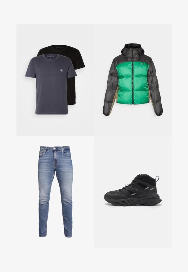 Φούτερ μπουφάν με πράσινο μπροστινό μέρος, μαύρους ώμους και μπεζ πλευρικές πάνελ. Έχει υψηλό γιακά, πλήρη φερμουάρ και υφή με επένδυση.; Δύο μπλουζάκια από βαμβάκι: ένα σκούρο γκρι με ένα μικρό λευκό λογότυπο "CK" στο στήθος, και ένα μαύρο, και τα δύο με στρογγυλή λαιμόκοψη και κοντά μανίκια.; Μπλε στενά τζιν παντελόνια με πέντε τσέπες, ξεθωριασμένο φινίρισμα, κλείσιμο με κουμπί και θηλιές ζώνης, τοποθετημένα σε λευκό φόντο.; Μαύρα παπούτσια πεζοπορίας με σχεδίαση σε στρώσεις, υφασμάτινη υφή και καουτσούκ σόλα, με ενισχυμένα σημεία και κορδόνια.