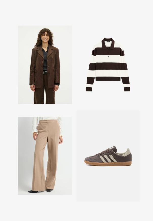 Uśmiechnięta kobieta z kręconymi włosami nosi ciemno-brązową zapinaną na guziki kurtkę i pasujące spodnie na ciemnym prążkowanym T-shircie z czarnym paskiem.; Koszula polo z długim rękawem, charakteryzująca się naprzemiennymi ciemnobrązowymi i białymi poziomymi paskami, kołnierzykiem oraz zapięciem na guziki. Wykonana z miękkiego materiału.; Beżowe spodnie o szerokich nogawkach z wysokim stanem i detalem guzika, noszone z czarnymi szpilkami w szpic oraz białą bluzką z falbanami przy mankietach.; Brązowe skórzane trampki z trzema jasnymi paskami, gumową podeszwą, zaokrąglonym noskiem oraz teksturowanymi zamszowymi akcentami na pięcie i nosku.