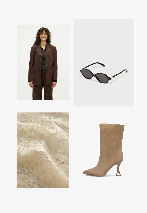 Femme souriante avec des cheveux bouclés vêtue d'une veste boutonnée marron foncé et d'un pantalon assorti, sur un t-shirt à côtes foncées agrémenté d'une ceinture noire.; Débardeur blanc sans manches avec un décolleté carré, texture lisse et design ajusté. Fabriqué en tissu léger.; Tissu en dentelle beige présentant des motifs floraux, des détails complexes, des textures variées et une apparence délicate et transparente.; Bottine en suède beige avec un bout pointu, une tige ajustée et un talon haut étroit avec un accent doré à la base.; Lunettes de soleil ovales noires avec des verres foncés, monture en plastique brillant et accent en métal doré sur les branches.; Sac à main en cuir noir matelassé avec quincaillerie dorée, doté d'une bandoulière chaîne et du logo VALENTINO sur le devant. Design compact et rectangulaire.
