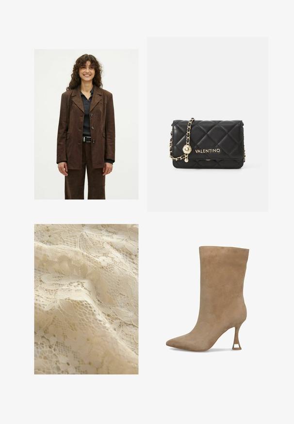 Femme souriante avec des cheveux bouclés vêtue d'une veste boutonnée marron foncé et d'un pantalon assorti, sur un t-shirt à côtes foncées agrémenté d'une ceinture noire.; Débardeur blanc sans manches avec un décolleté carré, texture lisse et design ajusté. Fabriqué en tissu léger.; Tissu en dentelle beige présentant des motifs floraux, des détails complexes, des textures variées et une apparence délicate et transparente.; Bottine en suède beige avec un bout pointu, une tige ajustée et un talon haut étroit avec un accent doré à la base.; Sac à main en cuir noir matelassé avec quincaillerie dorée, doté d'une bandoulière chaîne et du logo VALENTINO sur le devant. Design compact et rectangulaire.