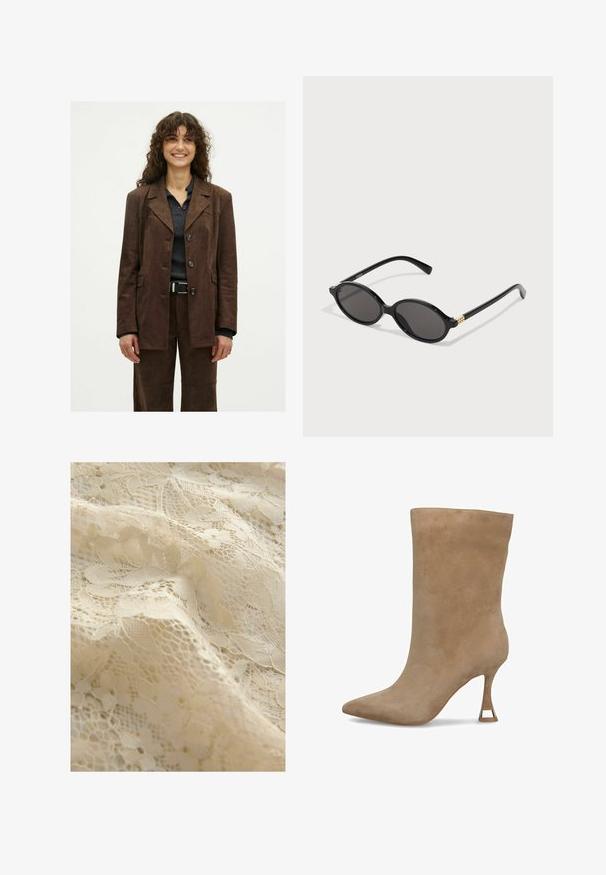 Uśmiechnięta kobieta z kręconymi włosami nosi ciemno-brązową zapinaną na guziki kurtkę i pasujące spodnie na ciemnym prążkowanym T-shircie z czarnym paskiem.; Biały bezrękawnik z kwadratowym dekoltem, o gładkiej fakturze i dopasowanym kroju. Wykonany z lekkiego materiału.; Beżowa koronka w kwiatowy wzór, z delikatnymi teksturami, misternymi detalami i ogólnie miękkim wyglądem.; Beżowe zamszowe botki za kostkę z wąskim noskiem, dopasowaną cholewką i wąskim wysokim obcasem z akcentem w kolorze złota u podstawy.; Czarne okulary przeciwsłoneczne w kształcie owalu z ciemnymi soczewkami, błyszcząca plastikowa oprawa i złote akcenty na zausznikach.; Czarna pikowana skórzana torebka z złotymi detalami, z łańcuszkowym paskiem oraz logo VALENTINO z przodu. Kompaktowa i prostokątna forma.