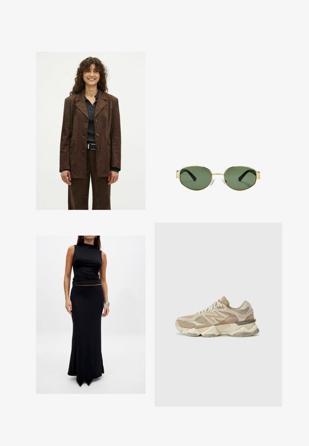 Lächelnde Frau mit lockigem Haar trägt eine dunkelbraune, geknöpfte Jacke und passende Hosen über einem dunklen, gerippten Shirt mit einem schwarzen Gürtel.; Weißes ärmelloses Tanktop mit quadratischem Ausschnitt, glatter Textur und figurnahen Schnitt. Hergestellt aus leichtem Material.; Ärmelloses schwarzes Oberteil mit einem Stehkragen, kombiniert mit einem taillierten schwarzen Maxikleid. Beide Kleidungsstücke sind aus glattem Stoff gefertigt und haben keine Muster.; Beige Sport sneakers aus Mesh- und Wildledermaterialien, runde Zehenpartie, dicke Sohle und auffällige reflektierende Akzente an der Seite.; Sonnenbrille mit goldfarbenem Metallrahmen, grünen getönten Gläsern, ovaler Form, schwarzen Bügeln und klaren Nasenpads. Sauberes, minimalistisches Design.; DRAGON DIFFUSION ROSANNA - Handtasche - dark brown