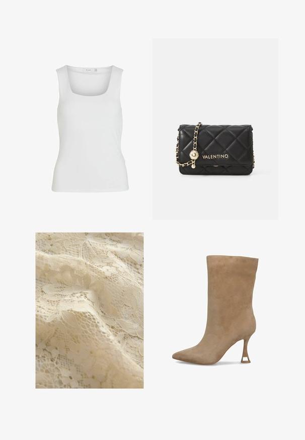 Glunderende vrouw met krullend haar draagt een donkerbruine jasje met knopen en bijpassende broeken over een donker geribbelde shirt met een zwarte riem.; Witte mouwloze tanktop met een vierkante halslijn, een gladde textuur en een nauwsluitend ontwerp. Gemaakt van lichtgewicht stof.; Beige kantstoffen met bloemmotieven, complexe details, verschillende texturen en een delicate doorzichtige uitstraling.; Beige suède enkellaars met een puntige neus, een aansluitende schacht en een smalle hoge hak met een gouden accent aan de voet.; Zwarte, gequiltte leren handtas met gouden beslag, voorzien van een kettinghengsel en het VALENTINO-logo aan de voorkant. Compact en rechthoekig ontwerp.