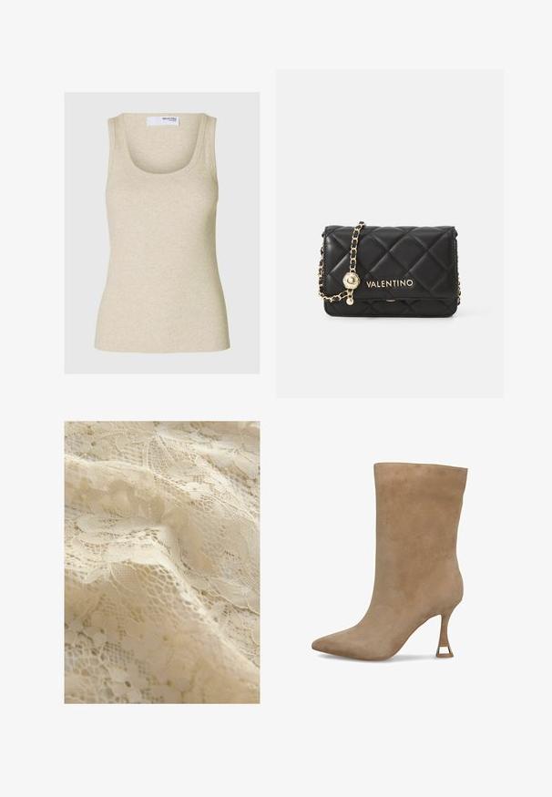 Uśmiechnięta kobieta z kręconymi włosami nosi ciemno-brązową zapinaną na guziki kurtkę i pasujące spodnie na ciemnym prążkowanym T-shircie z czarnym paskiem.; Beżowy rybaczek z dekoltem w serek i szerokimi ramiączkami. Wykonany z miękkiego materiału, z dopasowanym krojem.; Beżowa tkanina koronkowa z kwiatowymi wzorami, misternymi detalami, różnorodnymi fakturami i delikatnym, półprzezroczystym wyglądem.; Beżowe zamszowe botki za kostkę z wąskim noskiem, dopasowaną cholewką i wąskim wysokim obcasem z akcentem w kolorze złota u podstawy.; Czarna pikowana skórzana torebka z złotymi detalami, z łańcuszkowym paskiem oraz logo VALENTINO z przodu. Kompaktowa i prostokątna forma.