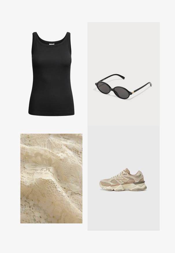 Nasmejana ženska z kodrastimi lasmi nosi temno rjavo jakno s gumbi in usklajene hlače preko temne rebraste majice ter črnim pasom.; Črna rebrasta majica brez naramnic z izrezom in pošitimi robovi, izdelana iz elastičnega blaga za oprijet silhueto.; Bežna čipkasta tkanina s cvetličnimi motivi, zapletenimi detajli, različnimi teksturami in občutljivo prozorno videzom.; Bež športni superge z mrežastimi in semiš materialom, okroglo špic, debelim podplatom in opaznimi odbojnimi akcenti na strani.; Črne ovalne sončne očala s temnimi lečami, sijajnim plastičnim okvirjem in zlatimi poudarki na templjih.; Črna prešita usnjena torbica z zlatimi dodatki, ki ima verižni naramnik in logotip VALENTINO na sprednji strani. Kompaktna in pravokotna zasnova.